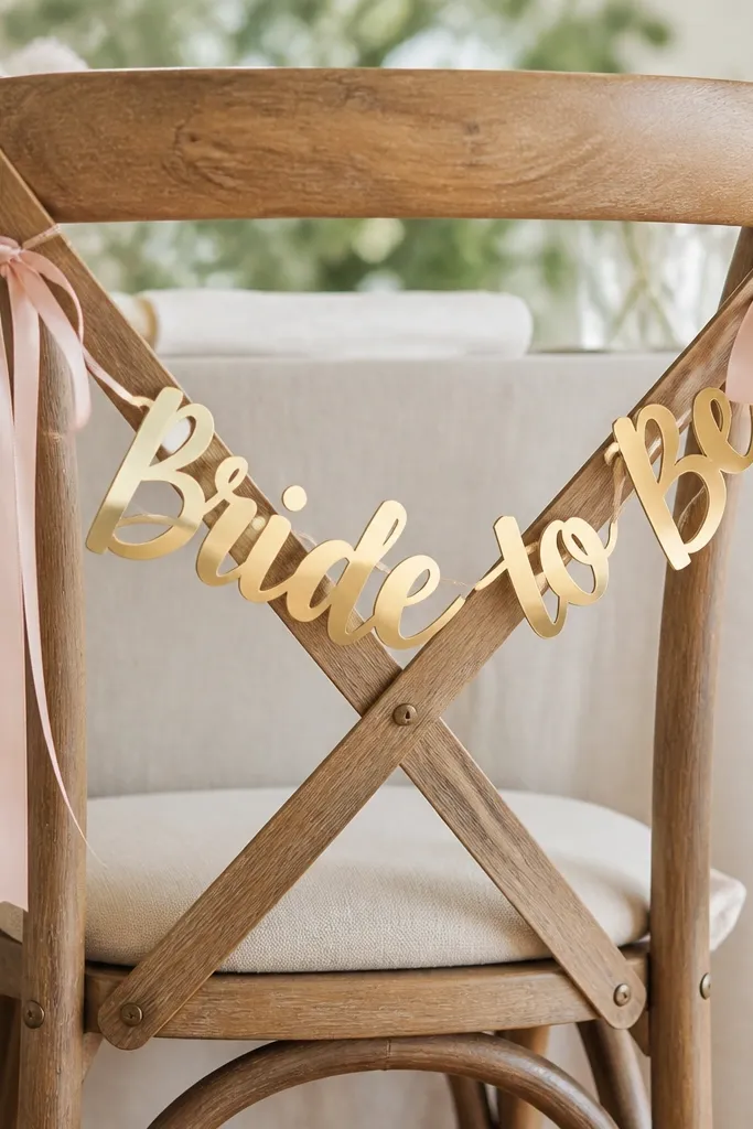 A chair back with a small gold foil banner that says "Bride to Be," tied with blush ribbon and hanging just above the seat.