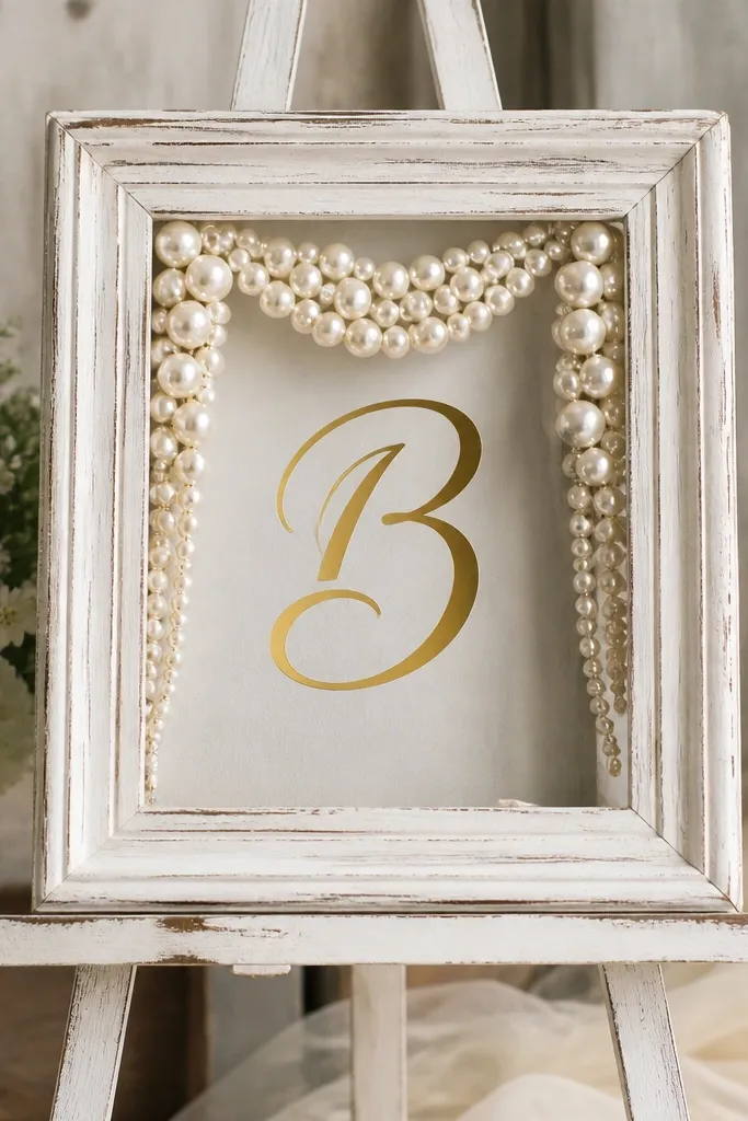 A distressed white picture frame on an easel, filled with a pearl garland draped in an arch, with a "B" monogram in gold vinyl at the center.