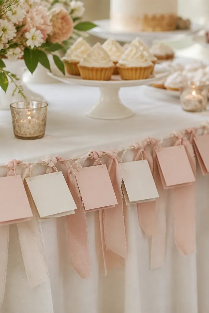 A string of small ribbon pieces with matchbook-style place cards attached, set near the dessert table with blush and white cards.