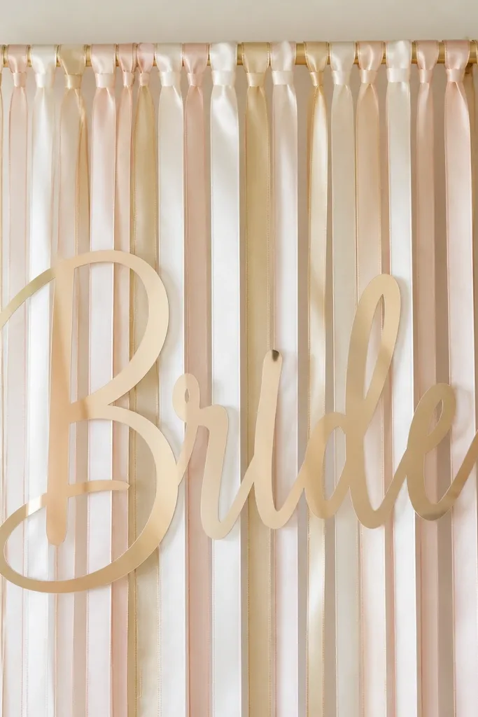 A series of thin ribbon strips hanging vertically from a rod, with large "Bride" letters made from vinyl attached to the ribbons.