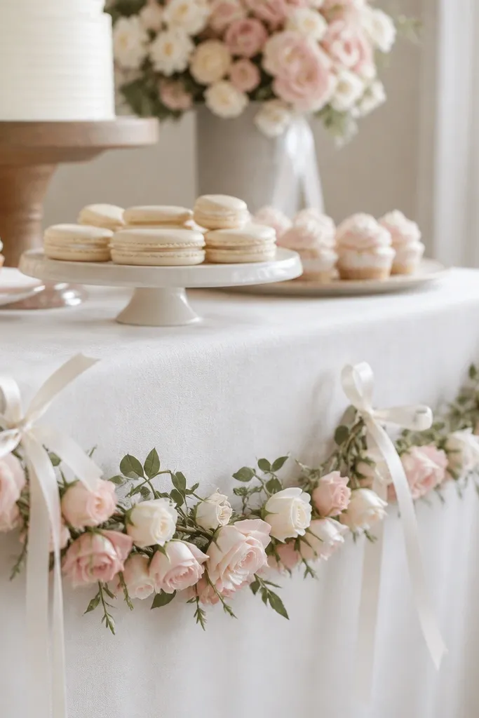 A garland of small blush and cream rose buds draped along the front edge of a dessert table, with a thin white ribbon tied at intervals.