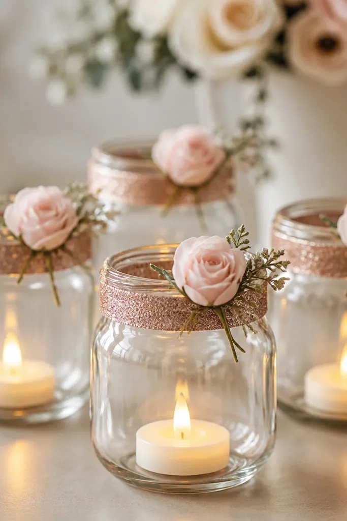 Several glass jars with LED tea lights, each jar wrapped with a rose-gold ribbon band and a small blush flower at the top.