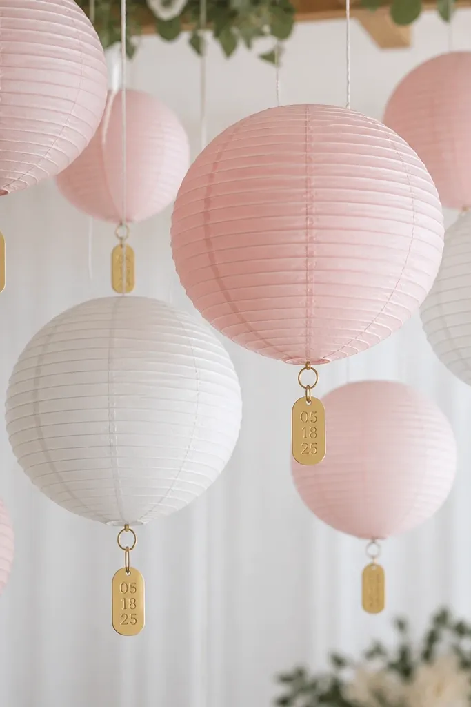 Blush and white paper lanterns hanging at different heights, each with a small gold label that shows the event date.