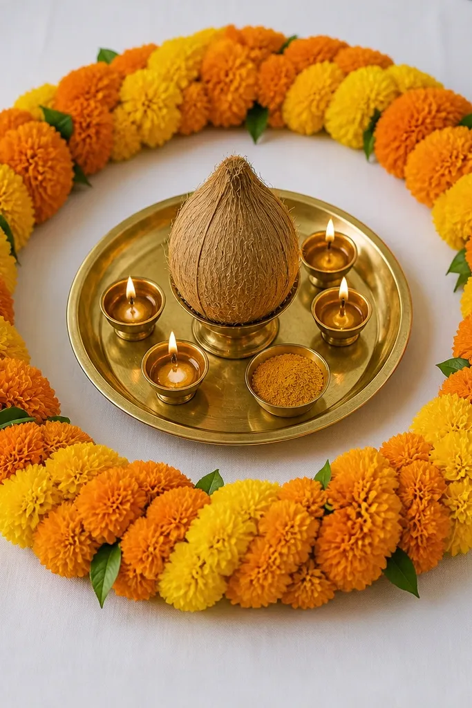 A circular marigold garland forms a ring on a white cloth-covered table. Inside the ring sits a shiny brass tray with a coconut, small diyas, and a few turmeric bowls. The ring is symmetrical and centered.