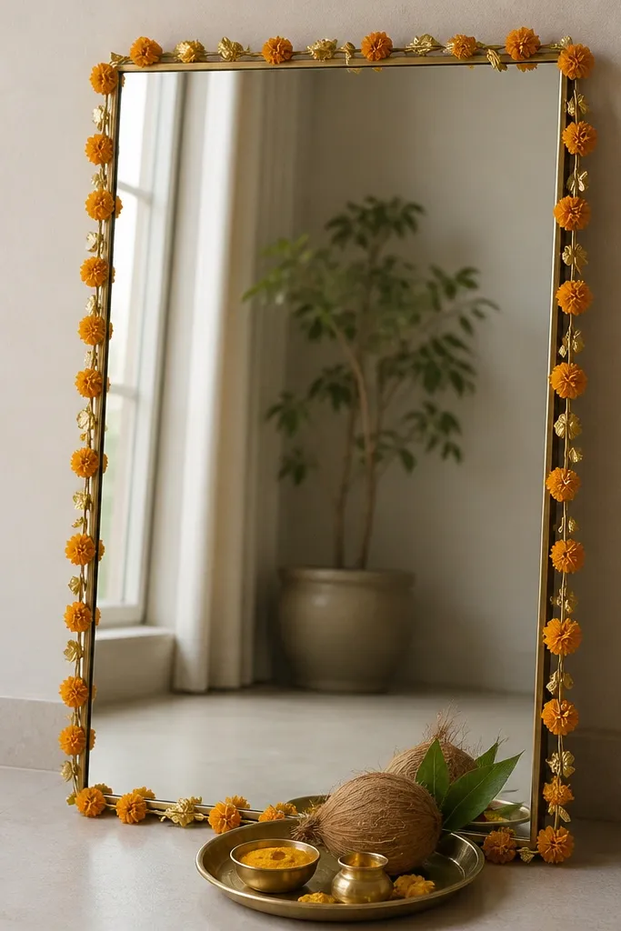 A rectangular mirror leans against a wall. Around the mirror frame is a thin border of marigold and small golden leaves. In front, a haldi tray and coconut sit at the mirror's bottom edge.