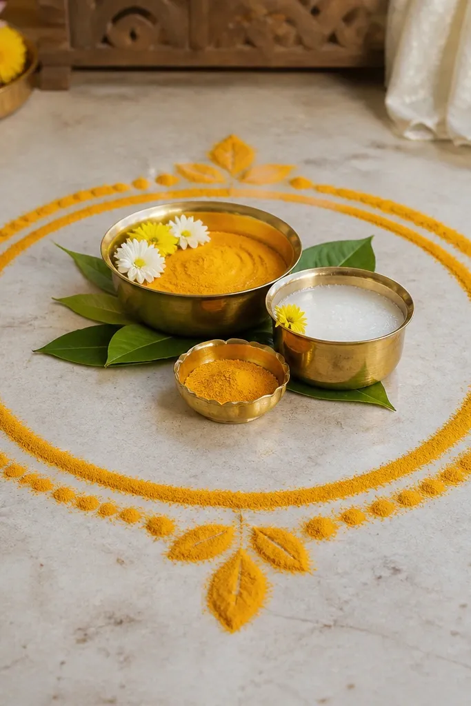 A neat turmeric powder border on the floor around a small haldi setup. The design is simple: concentric circles and a few leaf motifs. Brass bowls sit inside the border.