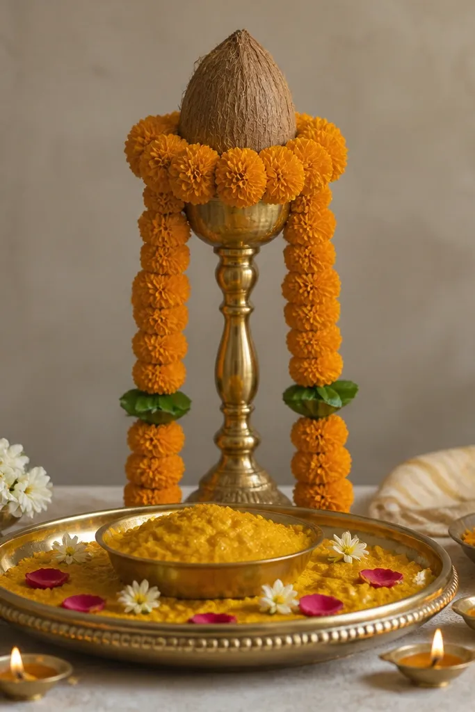 A tall stand holds a coconut wrapped with marigold garlands. The cluster sits above the haldi tray, with small diyas at the base. The stand is centered behind the tray.