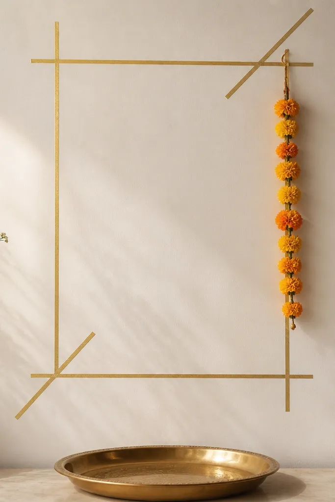A plain wall has thin diagonal gold tape stripes forming a simple frame. A small marigold garland hangs along one side, and a brass tray sits beneath the frame. The background stays clean and modern.