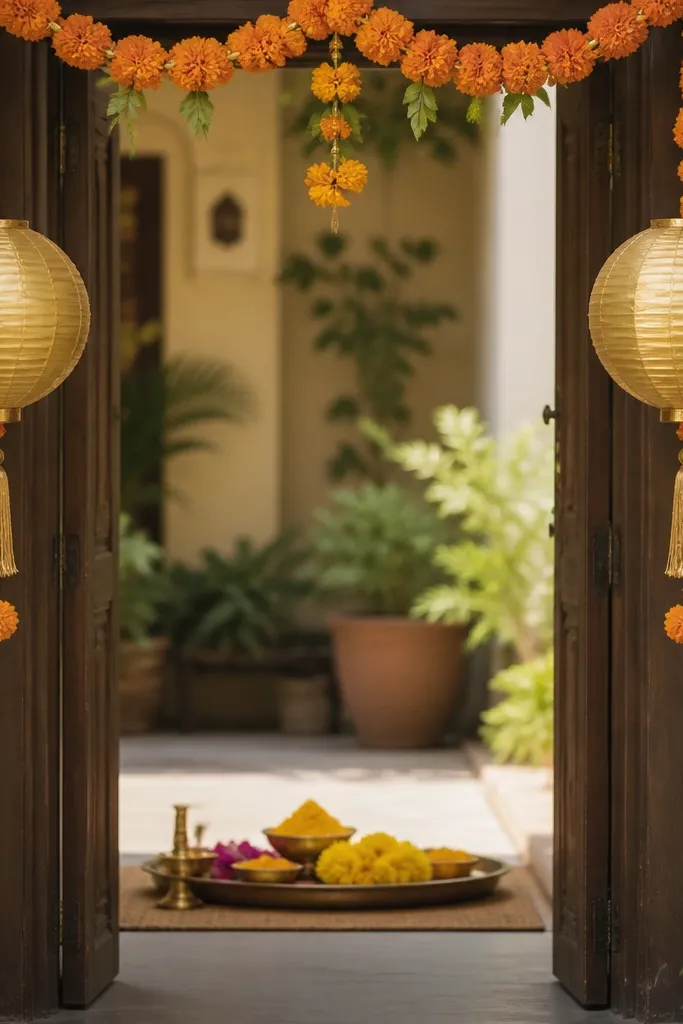 Two gold paper lanterns hang on either side of an open doorway. A marigold garland runs across the top. The haldi tray sits just inside the doorway, framed by the lanterns.