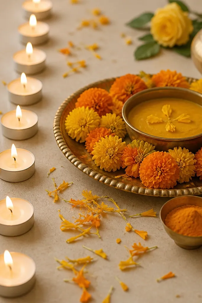 Tea lights sit in a straight line leading to a haldi tray. Around the tray are scattered marigold petals and a few turmeric bowls. The setup looks warm and inviting.