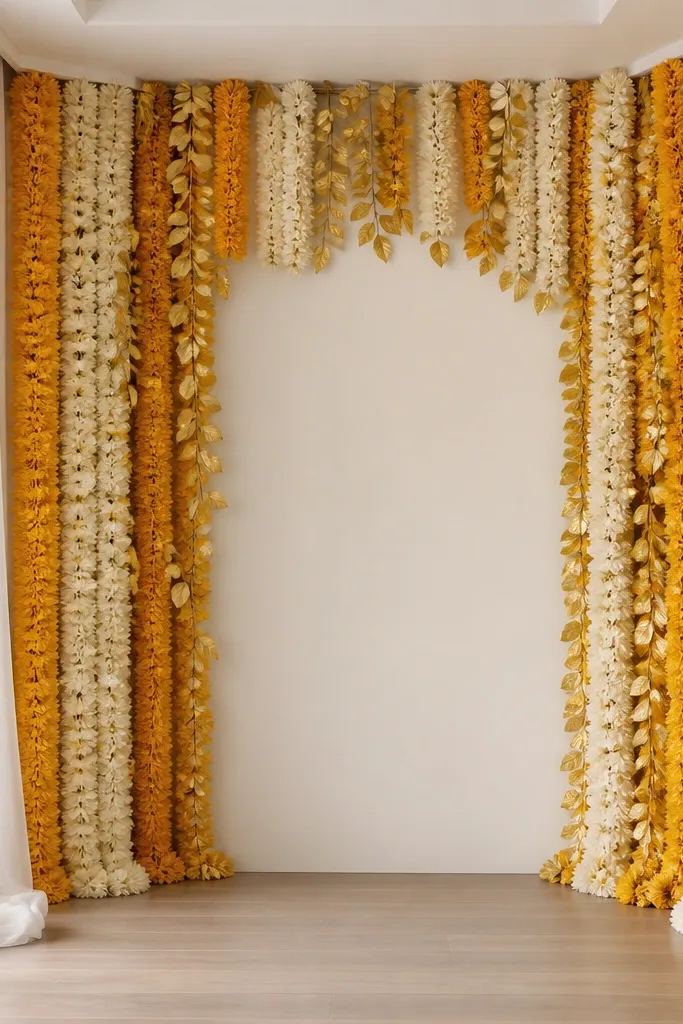 A flower wall made from artificial garlands fills a corner. Colors are mustard yellow and ivory with a few gold leaves. The garlands hang in vertical sections with a clean center panel.