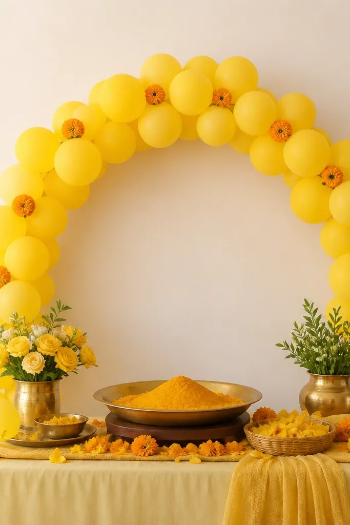 A small balloon arch made of turmeric-yellow balloons forms a semi-circle above the haldi table. Mini marigolds are clipped into the arch at intervals. The background wall is plain, making the arch stand out.