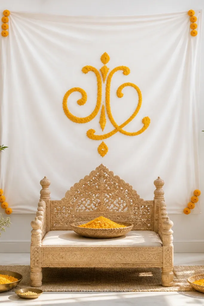 A white cloth banner hangs behind the haldi chair with turmeric paste calligraphy in simple letters. Small marigold dots decorate the corners. The background is bright and clean.