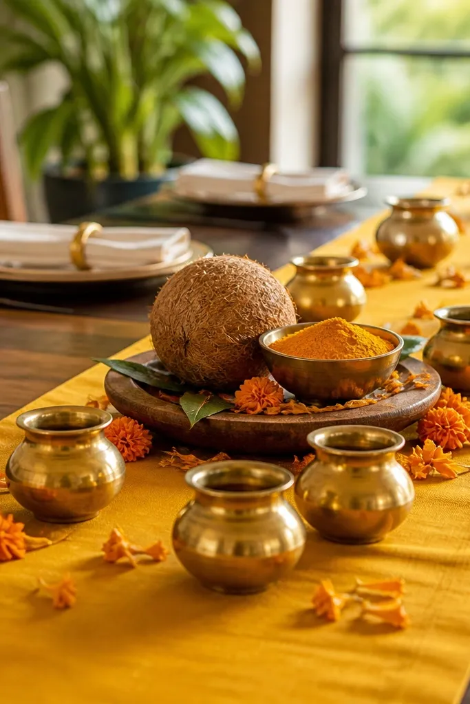 A turmeric-yellow table runner stretches across a dining table. Brass mini pots line the runner, and marigold petals are scattered in small clusters. A coconut and haldi bowls sit at the center.