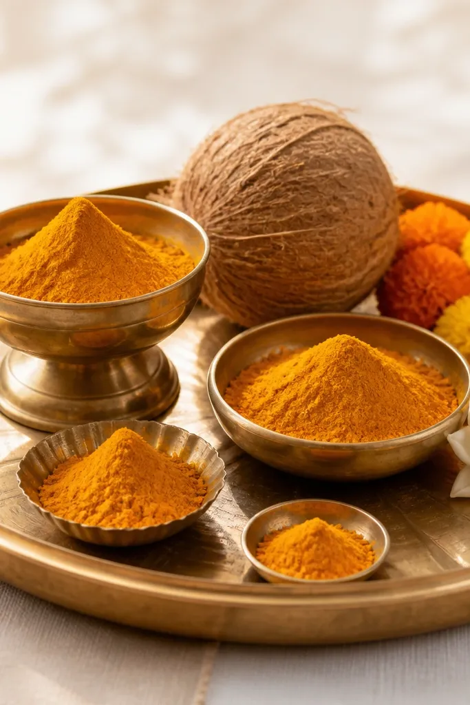 A large tray is arranged with turmeric bowls of different sizes. One bowl sits on a small stand, another sits flat, and a coconut and marigold garland decorate the back of the tray. Colors are yellow, brass gold, and ivory.
