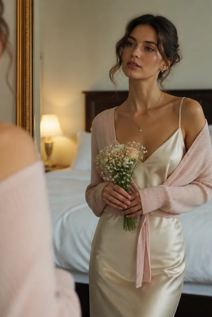 A model holds a small bouquet in front of a mirror. She wears a cream satin slip dress with thin straps. Over it is a lightweight blush cardigan tied loosely at the front. The background shows a hotel room bed with white linens and a warm lamp glow.