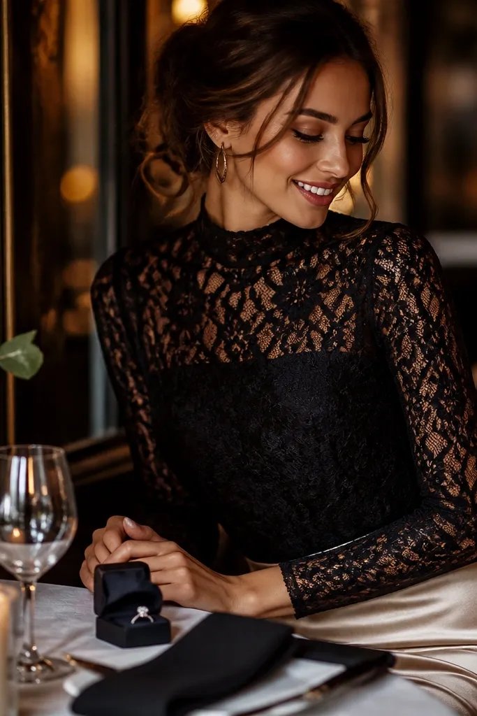 A black lace top is paired with a champagne satin skirt. The lace has a high neckline, and the skirt has a soft sheen. The setting is a candlelit restaurant table with a black napkin and a ring box.