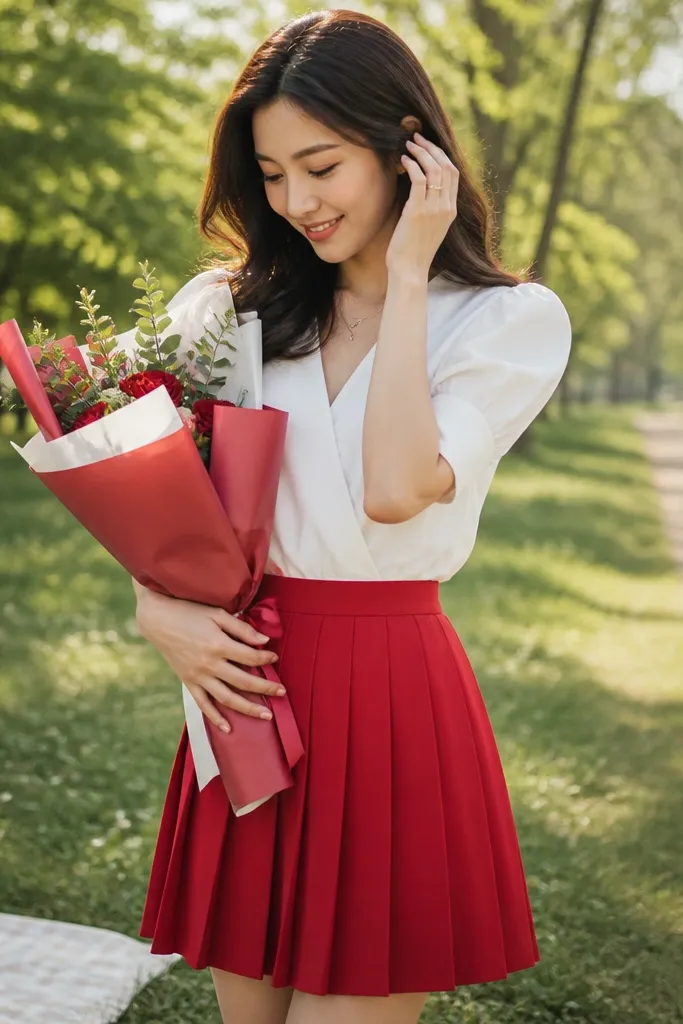A white blouse with puff sleeves is tucked into a red pleated skirt. The photo shows a sunny park path, and a bouquet is wrapped in red and white paper. A ring box sits on a small picnic blanket.