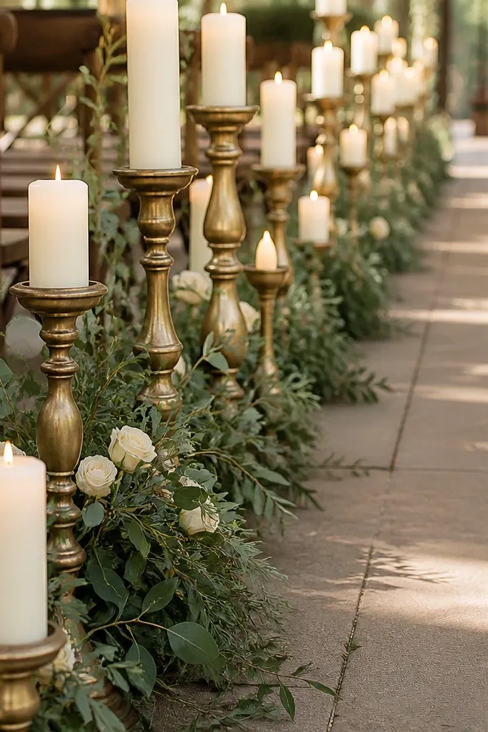 A ceremony aisle lined with staggered candleholders in antique gold, each holding off-white pillar candles; sage greenery wraps the bases and small cream rose buds peek between candles.
