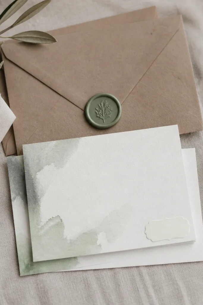 Stationery set with watercolor sage wash on thick ivory cards, paired with a wax seal in muted green and a kraft envelope; a small cream label sticker sits on the corner.