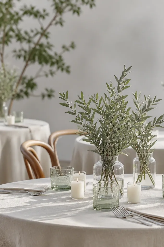 Clear bud vases filled with pale sage stems sit on tables with sage-tinted glass tumblers; ivory table linens and small white candles complete the setup.