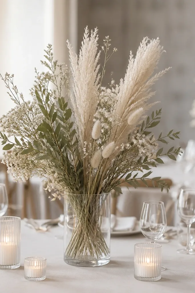 Dried centerpieces in clear glass vases with pale sage dried stems, white baby's breath-like dried flowers, and cream pampas feathers; tables have ivory linens and minimal candles.