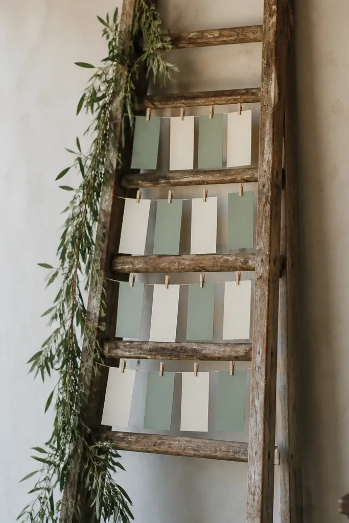 A tall vintage wooden ladder leaned against a wall, with ivory and sage seating cards clipped to rungs; small greenery garland drapes along the side.