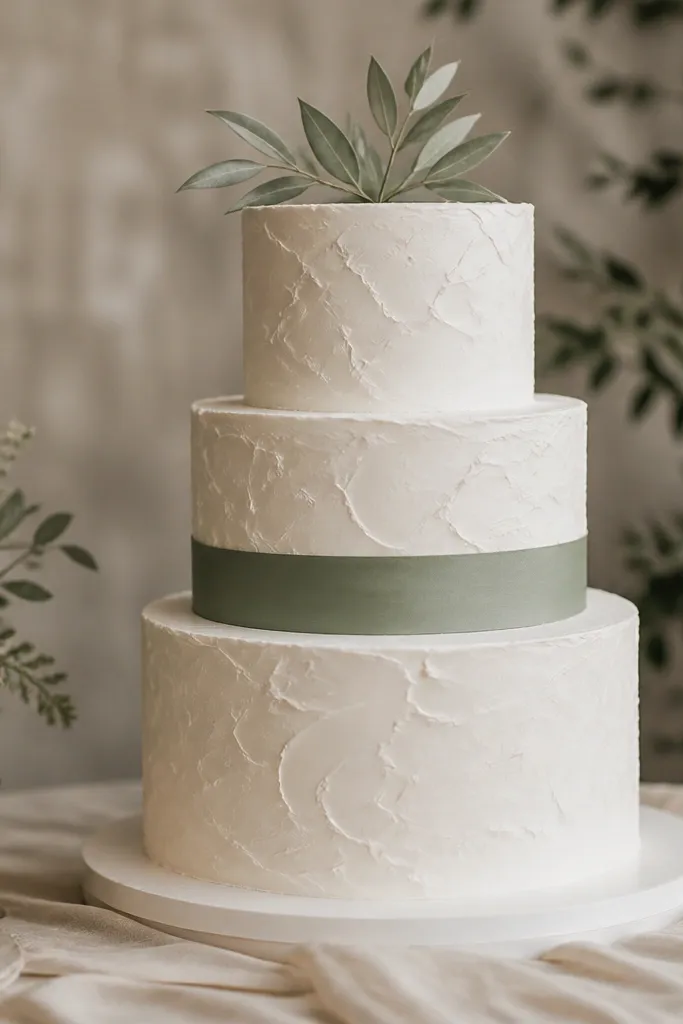 A three-tier wedding cake with ivory textured buttercream, a sage ribbon band around the middle tier, and small sage-green sugar leaves on top; the cake table has cream linens.