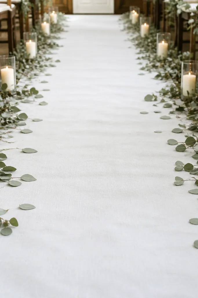 A white aisle runner laid down with scattered dried eucalyptus and pale sage leaves along the sides; small cream candles line the edges of the walkway.