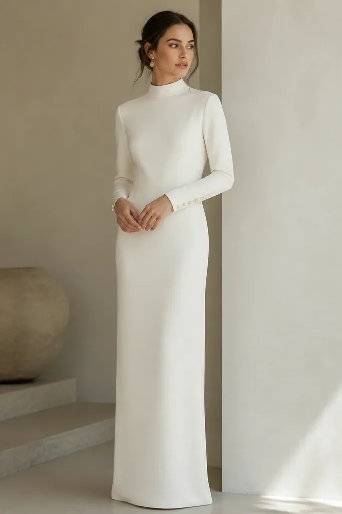 A women's ivory mock-neck column dress with long sleeves. The cuffs are decorated with small pearl-like studs in a neat line, and the skirt falls straight to the floor.