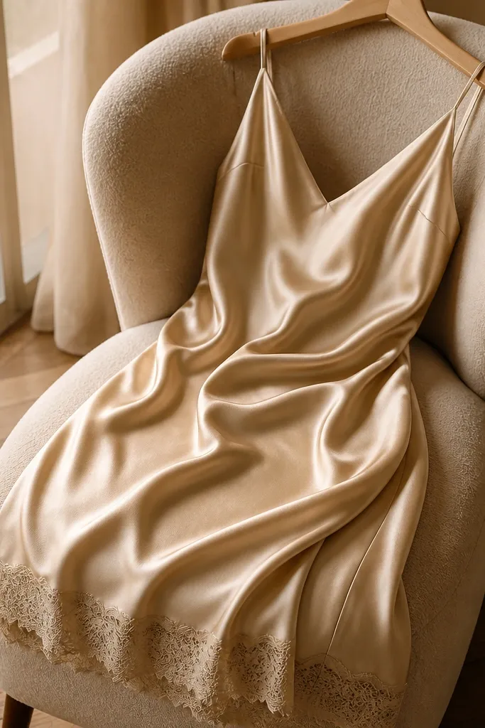 A women's champagne satin slip dress photographed on a chair, with a lace-trim hem visible at the bottom. The neckline is a soft V and the straps are thin; the satin has a warm glow in the light.