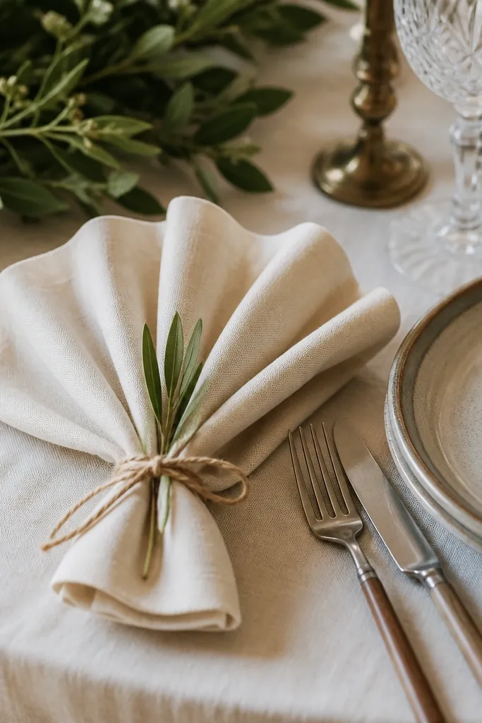 A table setting with warm ivory linen napkins folded into a fan shape. Each napkin is tied with thin twine and a small sprig of greenery, sitting neatly beside a plate and cutlery.