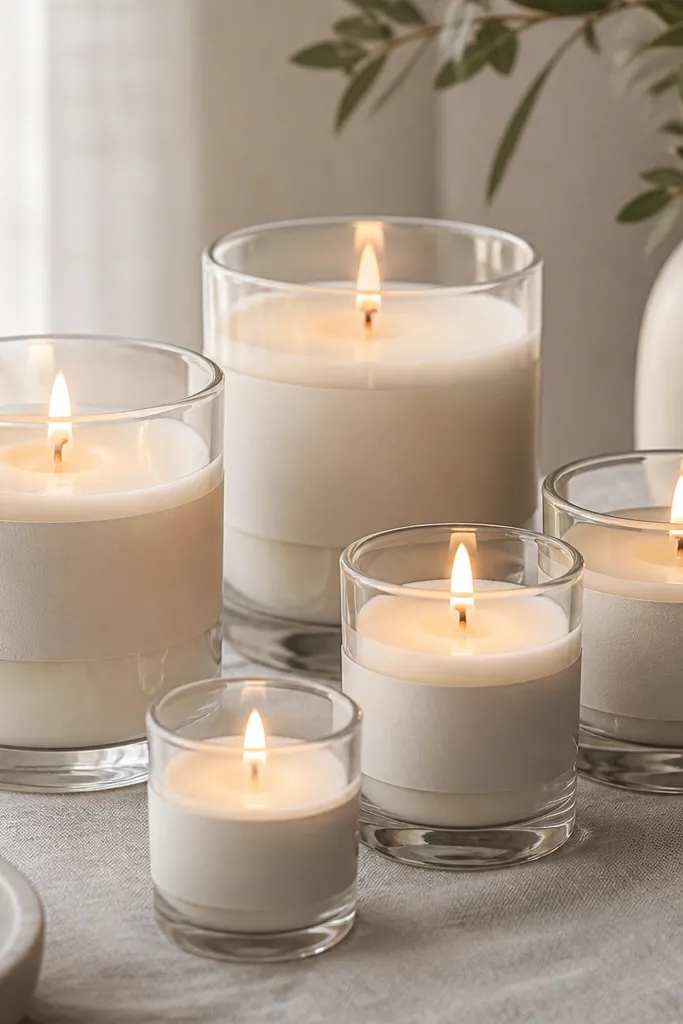 A set of clear glass candle holders clustered together on a table. Each candle has a small matte label band in ivory paper with simple black text; the wicks are centered and the flames are visible.