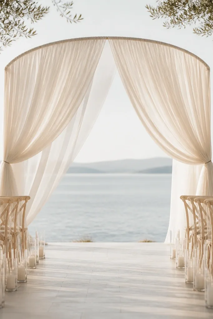 A simple ceremony backdrop: a curtain rail arched over the aisle with flowing fabric panels in ivory. The fabric drapes in soft waves and creates a clean photo frame; there are no elaborate florals.