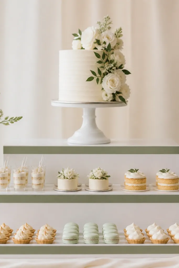 A dessert table with cakes and treats arranged on three levels: a cake stand, a smaller tier, and a flat tray at the bottom. A single color ribbon runs across the front edge of each tier and matches the wedding palette.