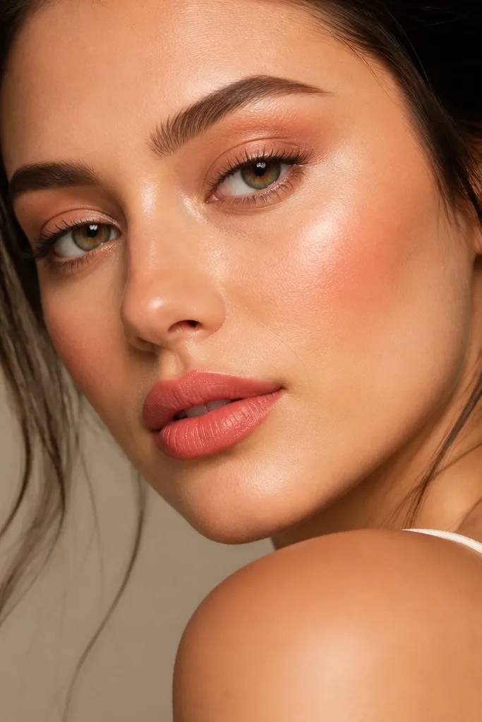 A close-up makeup look: satin-finish foundation, defined brows, soft peach blush, and a peachy lip lined then filled. The lips look smooth and dimensional; the skin has a gentle glow, not glitter.