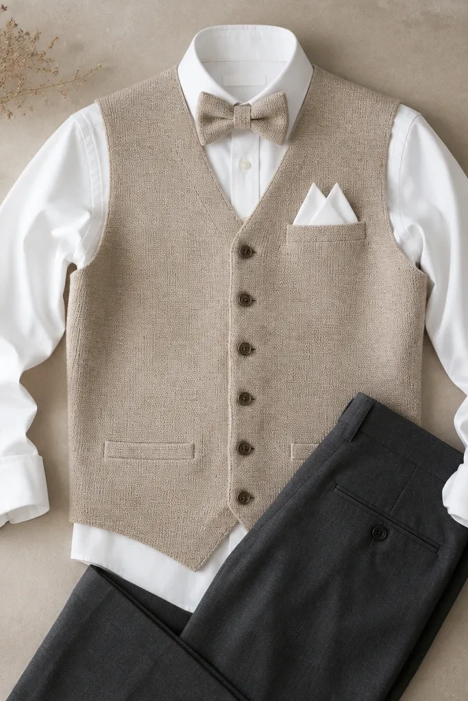 A men's outfit laid out flat: an oatmeal knit vest paired with a matching oatmeal knit bow tie. A white shirt is visible underneath; the pants are tailored charcoal and the pocket square is white.