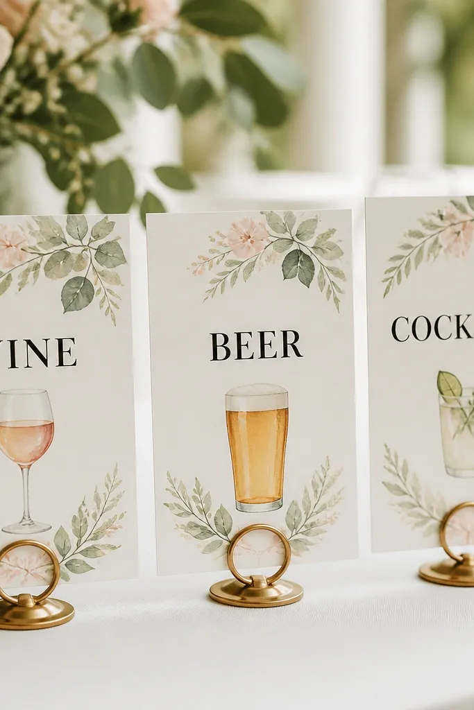 A set of small menu cards on a table stand. The cards have watercolor sprig illustrations in sage and soft blush, with bold black text naming each drink; a small illustration matches the wedding palette.
