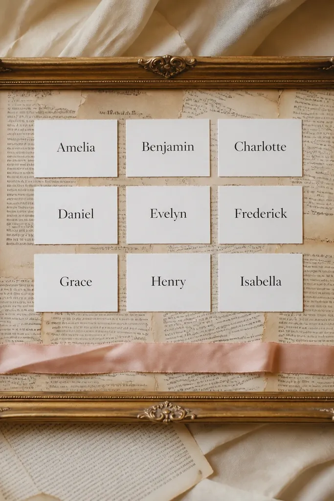 A small ornate gold thrift frame laid flat. The inside backing is covered with aged book pages, and a neat grid of black names sits in the center on white paper tags. A thin strip of blush ribbon runs along the bottom edge, and the whole frame looks cohesive and photo-ready.