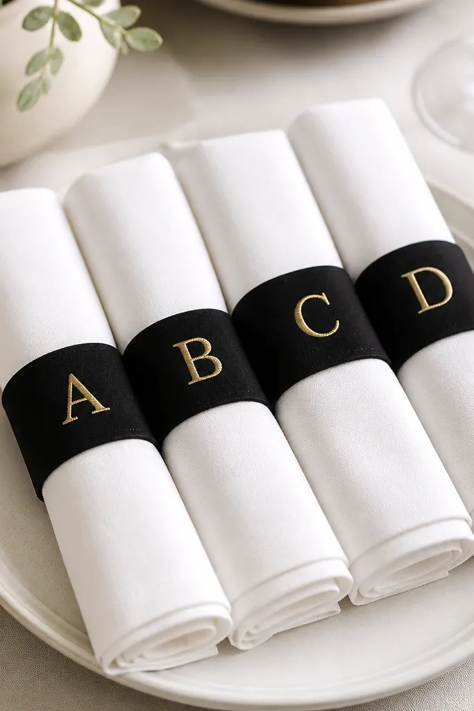 Folded white cloth napkins wrapped with small black fabric bands. Each band has a single gold monogram letter stitched or pressed using iron-on vinyl. The napkins sit neatly on a table, and the bands look crisp and uniform.