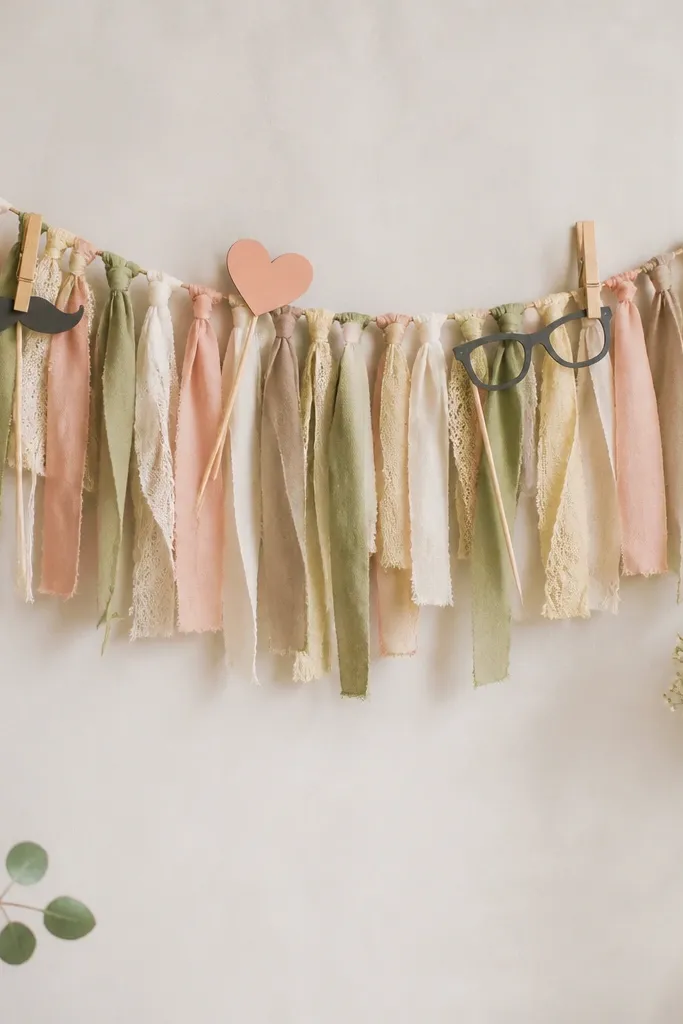 A garland hanging behind a photo booth. It's made from short fabric strips in muted sage, dusty rose, and cream, tied to a twine line. The strips are uneven lengths, creating a soft fringe effect, and a few wooden clothespins hold small photo props.