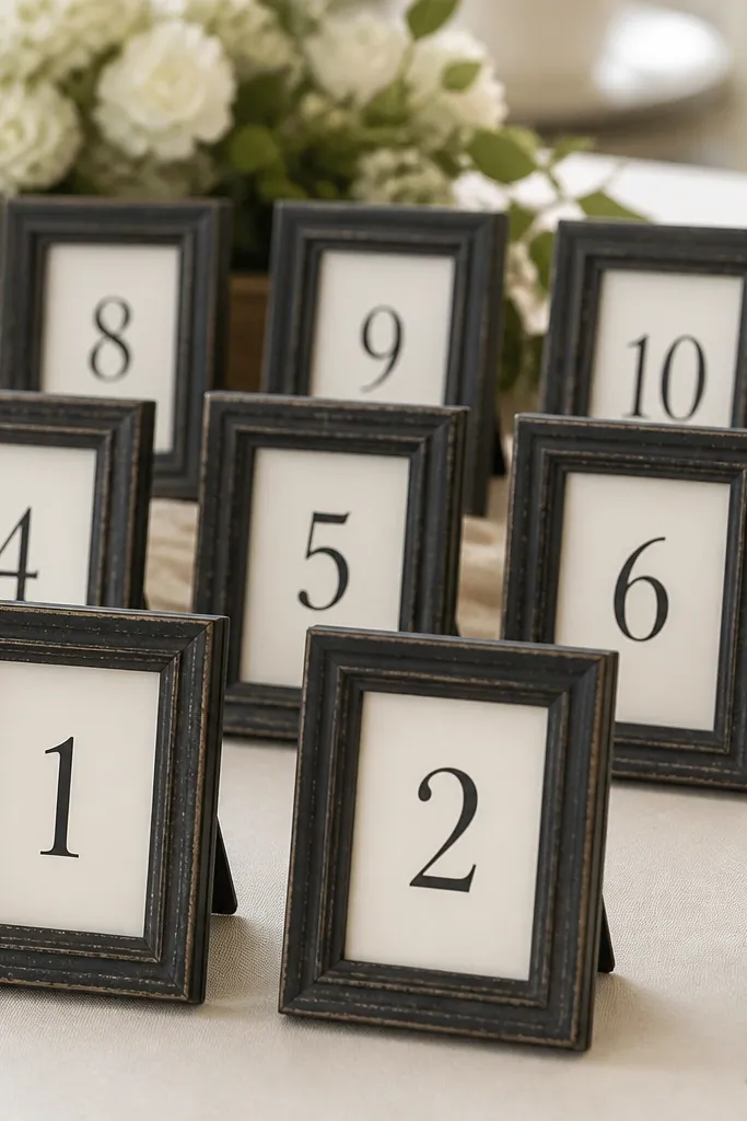 Multiple small frames on a table, each holding a table number printed in a serif font. The frames are black, and the edges look lightly distressed with dry-brushed gray paint. The numbers are centered and crisp.