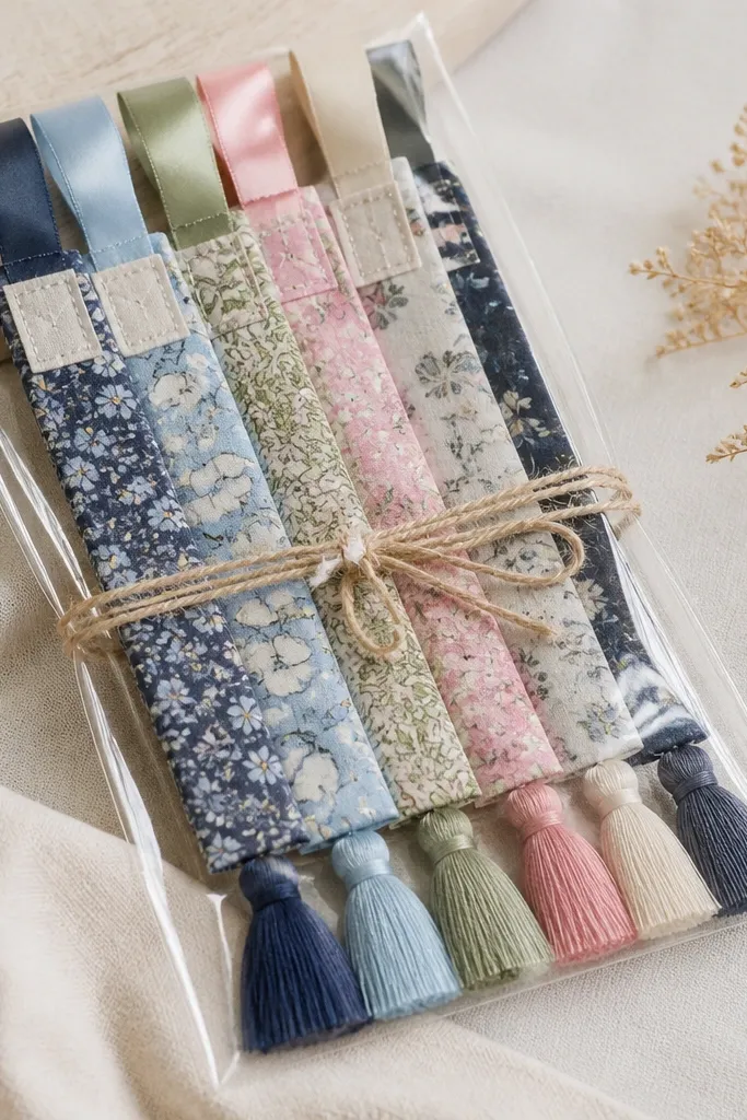 A stack of ribbon bookmarks made from different fabric scraps. Each bookmark has a satin ribbon top, a small stitched tag, and a tassel at the end. They're tied with twine and packaged in a clear cellophane sleeve.