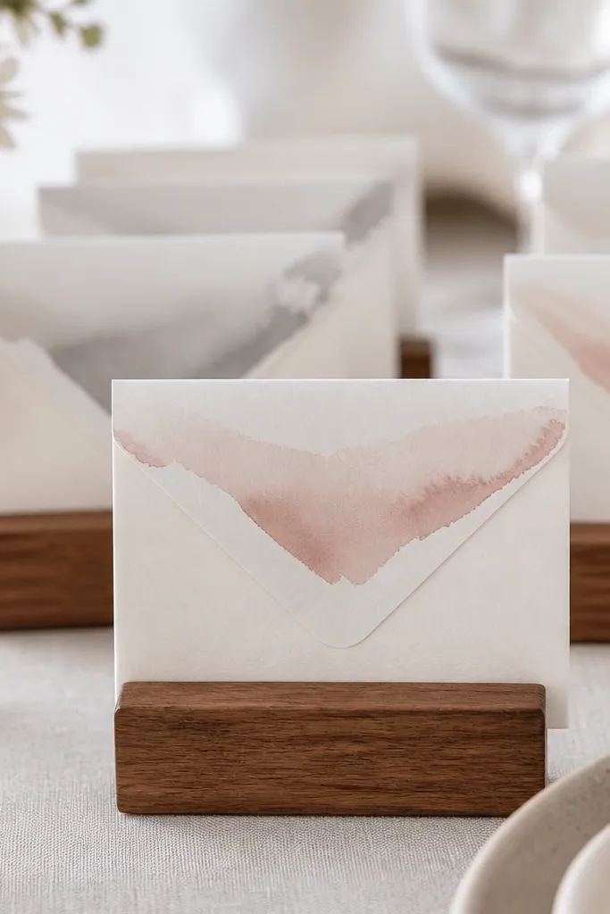 Small envelopes made from off-white paper with a watercolor wash along the flap edge in muted blush and gray. Each envelope holds a folded place card and is placed upright in a wooden card holder on the table.