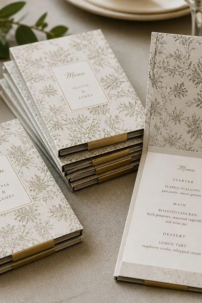 Matchbook-style menu holders made from patterned cardstock. Each has a small printed 'Menu' label and the couple's names on the cover. The inside shows a simple list of courses. They're arranged in a neat stack on a table.