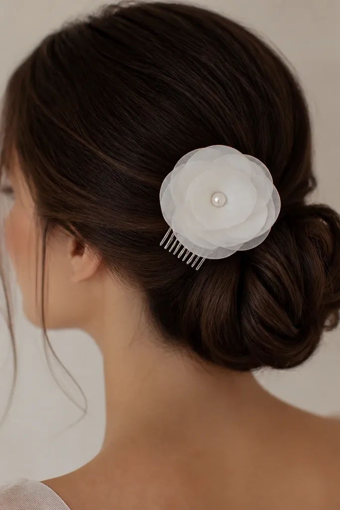 A white fabric flower attached to a small silver hair comb. The petals are made from layered fabric circles, and the center has a tiny pearl button. The comb sits on a mannequin head with a low bun.
