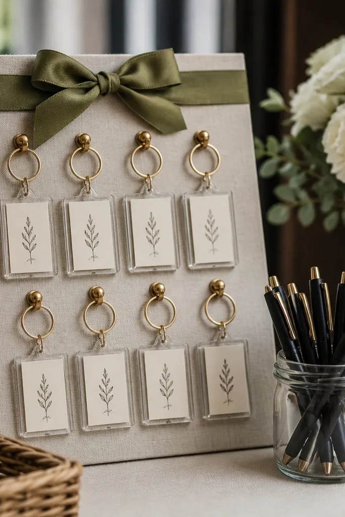 A set of clear acrylic keychain tags with rounded edges. Inside each tag is a printed welcome message in black ink on cream paper. The keychains are hung on a small welcome board with a ribbon and a jar of pens.