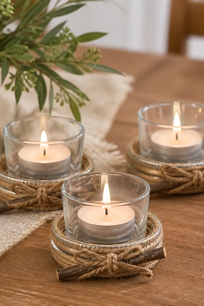 Mason jar lid candleholders arranged on a table. Each lid is wrapped with twine and has a mini faux twig tied around it. A small tealight sits inside a clear cup, and the overall look is rustic and tidy.