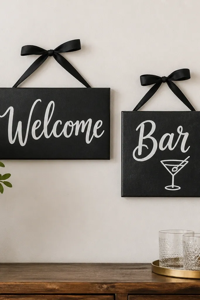 Two small canvas boards with hand-painted lettering. One sign reads 'Welcome' in white paint on a black background. The second sign reads 'Bar' with a simple line-drawn cocktail icon. Each sign has a small ribbon tied at the top for hanging.