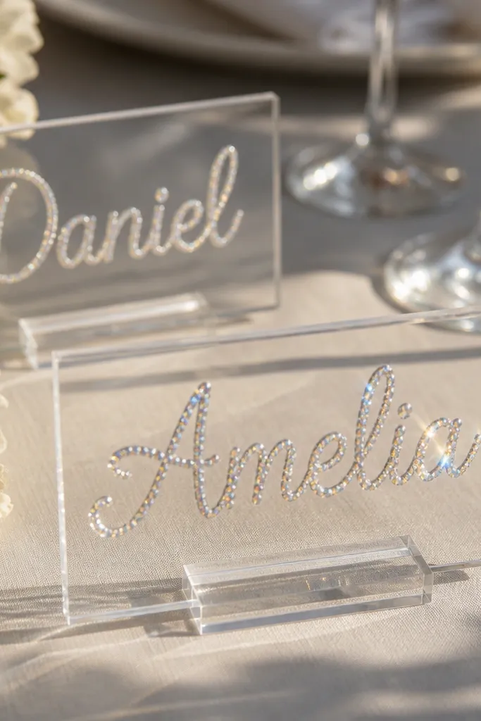 Clear acrylic place cards with names in the center. The names are outlined with hot glue and small iridescent gems. The cards sit upright on small stands on a table, catching light.
